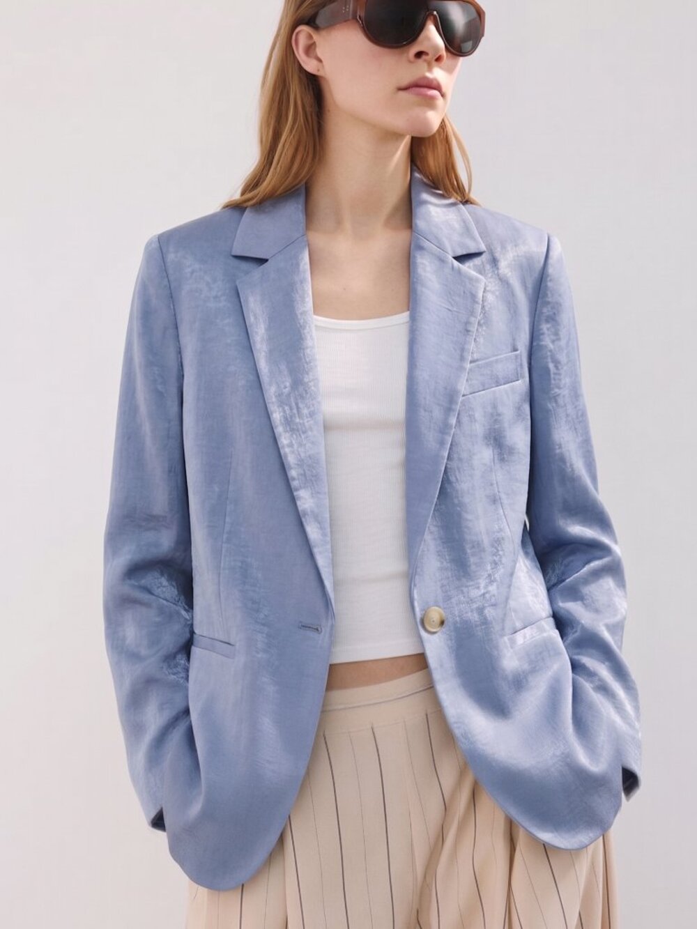NWT Vince Drape Boyfriend Blazer Jacket Sky Graphite Blue Satin Size 4, 6 $445